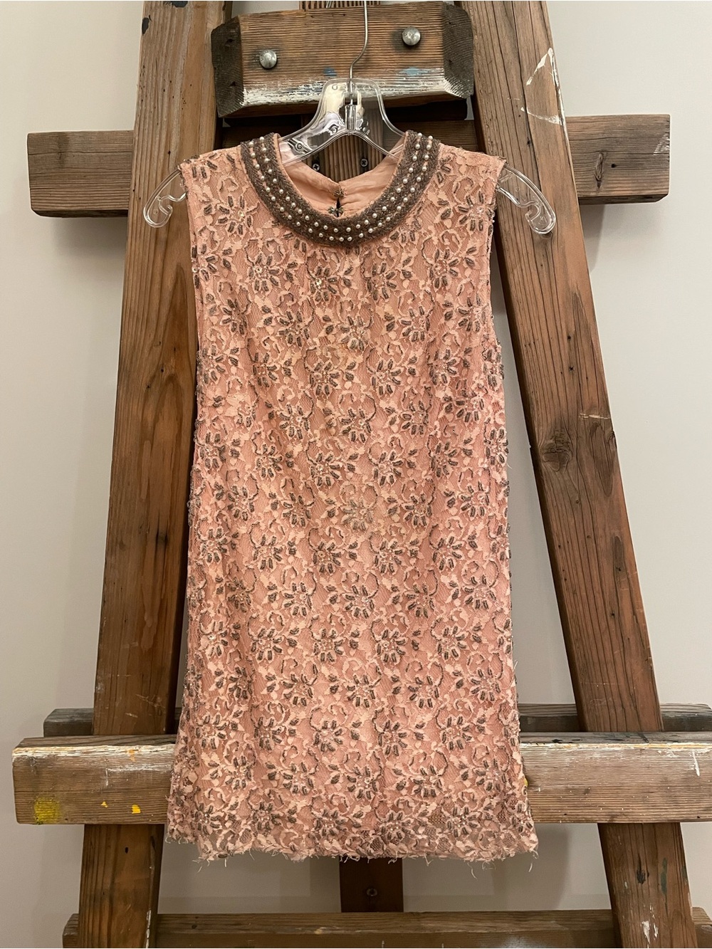 Beaded Collar Pink Lace Shift Dress